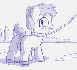 Size: 839x766 | Tagged: explicit, artist:heretichesh, anatomically correct, anus, blushing, bush, butt, cobblestone street, collar, earth pony, embarrassed, exhibitionism, foalcon, g4, imported from derpibooru, leash, nudity, plot, pony, public, short tail, spreader bar, vagina, vaginal secretions, vulva