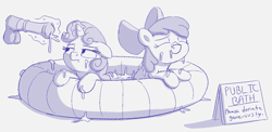 Size: 1306x638 | Tagged: explicit, artist:heretichesh, apple bloom, sweetie belle, bow, bukkake, cum, cum bath, cum everywhere, cum in mouth, cumming, disappointed, disembodied penis, earth pony, female, filly, foal, foalcon, g4, happy, imported from derpibooru, inflatable pool, magic, magic aura, male, monochrome, nudity, penis, pony, public, sketch, straight, tail bow, text, unicorn