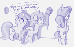 Size: 1428x909 | Tagged: explicit, artist:heretichesh, oc, oc:paperclip, oc:zew, oc:zippi, blowjob, blushing, bow, deepthroat, dialogue, female, filly, foal, foalcon, glory hole, hairband, helping, imported from derpibooru, intimidating, monochrome, nudity, oral, pegasus, penis, pony, precum, public, sex, sex education, sketch, smiling, sweat, tail band, tail bow, text, unicorn