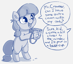 Size: 820x727 | Tagged: explicit, artist:heretichesh, cum, cum on food, cup, dialogue, dripping, earth pony, female, filly, foal, foalcon, food, foodplay, g4, hairband, happy, imported from derpibooru, innocent, lily longsocks, oats, offscreen character, pony, smiling, solo, solo female, tail band, text, that's not cream, that's not mayonnaise
