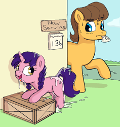 Size: 842x890 | Tagged: explicit, artist:heretichesh, age difference, blushing, caramel, crate, cum, cum covered, cum in mouth, cum on body, cum on hair, cum on tail, cum on tongue, dripping, dripping cum, duo, earth pony, exhibitionism, female, filly, foal, foalcon, g4, imported from derpibooru, male, now serving, paper, paper in mouth, pony, prostitution, public, public use, queue, raspberry dazzle, stallion, stallion on filly, straight, sweat, text, unicorn