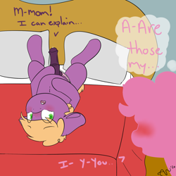 Size: 1600x1600 | Tagged: explicit, artist:ashersketch, caught, clothes, colt, crossdressing, dialogue, earth pony, female, foal, foalcon, frilly underwear, g4, imported from derpibooru, little mac, male, male focus, mother, mother and child, mother and son, nudity, panties, penis, pink underwear, pony, smoltober, solo focus, sugar belle, underwear, unicorn