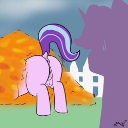 Size: 1600x1600 | Tagged: explicit, artist:ashersketch, starlight glimmer, anus, ass up, butt, butt only, clitoris, crotchboobs, dock, face down ass up, female, filly, filly starlight glimmer, firelight, foal, foalcon, g4, glimmer glutes, imported from derpibooru, missing cutie mark, nipples, nudity, plot, ponut, pony, raised tail, rear view, smoltober, sweat, sweatdrop, tail, teats, unicorn, vulva, vulvar winking, younger