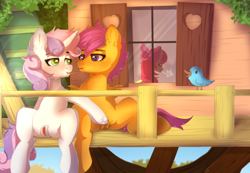 Size: 4136x2858 | Tagged: explicit, artist:dinoalpaka, apple bloom, scootaloo, sweetie belle, after kiss, chromatic aberration, commission, cutie mark crusaders, drool, drool string, earth pony, female, females only, foalcon, g4, imported from derpibooru, kissing, lesbian, mare, mutual masturbation, nudity, open mouth, pegasus, pony, sex, ship:scootabelle, shipping, stealth sex, unicorn, vagina, vulva, wings