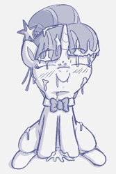 Size: 477x716 | Tagged: explicit, artist:heretichesh, oc, oc:zippi, blushing, bowtie, bukkake, cum, cum everywhere, cum in mouth, eyes closed, facial, female, filly, foal, foalcon, freckles, hair bun, happy, imported from derpibooru, oc only, pony, smiling, solo, solo female, unicorn, wand