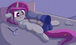 Size: 2379x1404 | Tagged: explicit, artist:heretichesh, oc, oc:zew, bed, blushing, disembodied penis, female, filly, flushed face, foal, foalcon, frottage, futa, futa filly, futa oc, futa potion, heart eyes, imported from derpibooru, intersex, lying down, male, male on filly futa, male on futa, male on futa filly, nudity, oc only, on back, penis, pillow, pony, precum, presenting, presenting penis, smiling, stallion, stallion on futa filly, straight, unicorn, vial, wand, wingding eyes