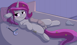 Size: 2379x1404 | Tagged: explicit, artist:heretichesh, oc, oc:zew, balls, bed, bedroom eyes, blushing, filly, foal, foalcon, futa, futa filly, futa oc, futa potion, horsecock, imported from derpibooru, intersex, looking at you, lying down, nudity, oc only, on back, penis, pillow, pony, precum, presenting, presenting penis, smiling, solo, solo futa, unicorn, vial, wand