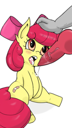 Size: 1080x1920 | Tagged: explicit, artist:howl echoes, apple bloom, age difference, band-aid, blushing, bow, canine penis, chipped tooth, creampie, cum, cum in mouth, diamond dog, diamond dog on filly action, drool, drool string, earth pony, female, filly, foal, foalcon, g4, hand on head, imported from derpibooru, knot, looking up, nudity, offscreen character, open mouth, oral, oral creampie, penis, pony, sex, size difference, solo focus, xenophilia