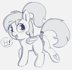 Size: 689x664 | Tagged: explicit, artist:heretichesh, oc, oc:luftkrieg, anatomically correct, anus, butt, dialogue, dock, female, filly, flashing, foal, foalcon, frog (hoof), hairband, imported from derpibooru, innocent, monochrome, nudity, pegasus, plot, pony, presenting, sketch, smiling, solo, solo female, tail band, text, underhoof, vulva