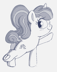 Size: 535x674 | Tagged: explicit, artist:heretichesh, oc, oc:zippi, anus, blushing, female, filly, foal, foalcon, freckles, happy, imported from derpibooru, monochrome, nudity, oc only, peeking, pony, sketch, smiling, sneak peek, solo, solo female, stretching, unicorn, vulva