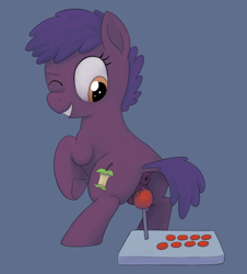 Size: 1806x2000 | Tagged: explicit, artist:unsavorydom, anus, apple bytes, arcade stick, controller, earth pony, female, filly, foal, foalcon, g4, imported from derpibooru, insertion, joystick, looking back, nudity, one eye closed, ponut, pony, simple background, solo, solo female, underhoof, vaginal secretions, vulva