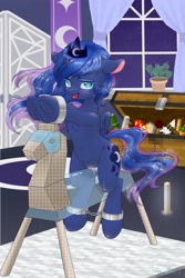 Size: 2362x3543 | Tagged: explicit, artist:aimmeblue, princess luna, alicorn, ankle cuffs, bdsm, bondage, bondage furniture, chest, cuffs, female, femsub, filly, filly luna, foal, foalcon, g4, high res, imported from derpibooru, looking at you, lunasub, masturbation, minecraft, nudity, open mouth, pony, solo, solo female, submissive, tongue out, transparent, vaginal secretions, vulva, wooden horse, woona, young luna, younger