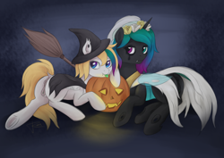 Size: 3508x2480 | Tagged: explicit, artist:puggie, oc, oc:hazy frame, oc:veleya, anus, bride, butt, changeling, clitoris, clothes, costume, female, females only, foalcon, hat, high res, hybrid, imported from derpibooru, mother and child, mother and daughter, nudity, plot, ponut, pony, pumpkin, vagina, vulva, witch, witch hat