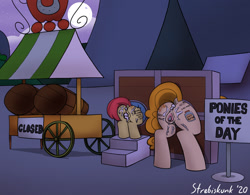 Size: 1152x899 | Tagged: explicit, artist:strebiskunk, apple bloom, aftersex, alternate version, anal creampie, apple stand, body count, body writing, creampie, cum, cum on butt, dock, earth pony, exhibitionism, female, filly, foal, foalcon, g4, gaping, gaping vagina, imported from derpibooru, market, mother and child, mother and daughter, night, nudity, pear butter, pony, presenting, public use, size difference, stocks, tally marks, vagina, vulva