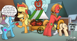 Size: 1860x1002 | Tagged: explicit, artist:strebiskunk, apple bloom, applejack, age difference, anus, apple, apple stand, applecest, big dom small sub, big macintosh, big macintosh's yoke, bright mac, brother and sister, casual sex, cowboy hat, dialogue, earth pony, exhibitionism, eyes closed, father and child, father and daughter, female, filly, foal, foalcon, food, g4, hat, horse collar, imported from derpibooru, incest, male, market, nudity, pear butter, penetration, penis, pony, presenting, public sex, public use, sex, ship:macbloom, shipping, siblings, size difference, speech bubble, stallion, stallion on filly, stetson, stocks, straight, unshorn fetlocks, vaginal, vulva
