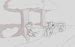 Size: 1792x1130 | Tagged: explicit, artist:heretichesh, afterglow, aftersex, anus, bandana, blushing, bush, colt, creampie, cum, dialogue, dock, dripping, dripping cum, drool, duo, earth pony, female, filly, foal, foalcon, g4, hairband, happy, hat, implied colt on filly, imported from derpibooru, invitation, looking at you, lying down, male, nature walk, nudity, offscreen character, offscreen male, on back, over shoulder, pony, pop up, public, road, russell, satisfied, scout, scout uniform, tail band, text, tree, vaginal secretions, vulva