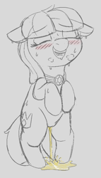 Size: 464x814 | Tagged: explicit, artist:heretichesh, oc, oc:aquamarine, alternate version, blushing, breath, drool, eyes closed, female, fetish, filly, foal, foalcon, gem, imported from derpibooru, jewelry, necklace, nudity, oc only, peeing on the floor, pissing, pony, pubic mound, satisfied, solo, solo female, sweat, urine, vulva, watersports