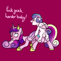 Size: 1000x1000 | Tagged: explicit, artist:vodkamewtwoni, princess flurry heart, alicorn, blushing, commission, crotchboobs, cum, cum on crotchboobs, dialogue, dickgirl, doggy style, duo, duo female, female, filly, foal, foalcon, from behind, futa, futa filly on mare, futa princess flurry heart, g4, imported from derpibooru, incest, intersex, mother and child, mother and daughter, nipples, nudity, penetration, pony, princess cadance, sex, simple background, swearing, vaginal, vulgar, writing
