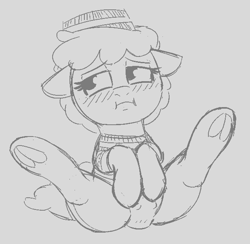 Size: 637x622 | Tagged: explicit, artist:heretichesh, oc, :i, blushing, clothes, crotchboobs, earth pony, embarrassed, female, filly, foal, foalcon, frog (hoof), hat, imported from derpibooru, nipples, nudity, oc only, pony, presenting, presenting crotchboobs, prison outfit, sketch, solo, solo female, underhoof, vulva