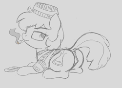 Size: 850x614 | Tagged: explicit, artist:heretichesh, oc, annoyed, anus, blunt, clothes, drug use, drugs, foalcon, imported from derpibooru, nudity, oc only, presenting, prison outfit, sketch, smoke, smoking, solo, vulva