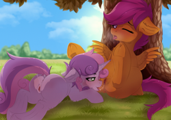 Size: 4056x2840 | Tagged: explicit, artist:dinoalpaka, scootaloo, sweetie belle, anus, bedroom eyes, blushing, butt, butt blush, clitoris, cloud, commission, cunnilingus, day, dock, dripping, dripping drool, drool, duo, duo female, eyebrows, female, females only, filly, foal, foalcon, g4, glass, grass, high res, hips, hooves, hooves behind back, horn, horny, human anus on pony, human vulva, imported from derpibooru, large butt, leaning back, legs in air, lesbian, lying down, lying on grass, lying on the ground, mane, mare, nudity, on ground, one eye closed, open mouth, oral, outdoor sex, outdoors, part of a set, pegasus, plot, pony, presenting, presenting anus, presenting butt, presenting pussy, rcf community, sex, ship:scootabelle, shipping, sitting, sitting on glass, sitting on ground, sky, spread legs, spread wings, spreading, sweat, sweatdrop, tail, tail trail, thighs, tongue out, tree, unicorn, vagina, vaginal secretions, vaginal secretions on tail, vaginal secretions string, vulva, vulva blush, wide hips, wings