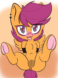 Size: 1536x2048 | Tagged: explicit, artist:steelsoul, scootaloo, anus, blushing, dark genitals, dock, female, filly, foal, foalcon, g4, heart eyes, imported from derpibooru, legs in air, nudity, open mouth, pegasus, pony, spread legs, spreading, tongue out, vulva, wingding eyes