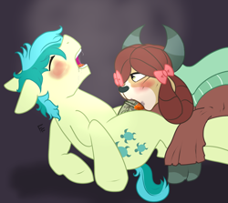 Size: 1914x1706 | Tagged: explicit, artist:ponykittenboi, blowjob, blowna, earth pony, female, foalcon, g4, imported from derpibooru, interspecies, male, nudity, oral, penis, pony, pony on yak action, sandbar, sex, ship:yonabar, shipping, straight, yak, yak on pony action, yona