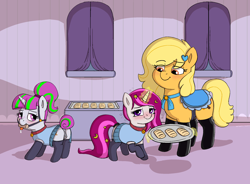 Size: 2109x1554 | Tagged: explicit, artist:heretichesh, oc, oc:zeta, oc:zew, oc:zippi, anus, bit gag, blushing, butt, clitoris, clothes, collar, curtains, danish, drool, drunk, drunk bubbles, earth pony, female, filly, flushed face, foal, foalcon, food, formal, freckles, gag, imported from derpibooru, latex, latex socks, levitation, magic, magic aura, mare, mother and child, mother and daughter, nudity, oc only, pastry, pet tag, platter, plot, ponut, pony, presenting, ribbon, saddle, short tail, skirt, socks, tack, tail band, telekinesis, trio, unicorn, vulva