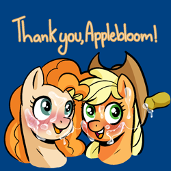 Size: 1000x1000 | Tagged: explicit, artist:vodkamewtwoni, apple bloom, applejack, age difference, commission, cum, dialogue, earth pony, facial, female, foalcon, futa, futa apple bloom, futa filly, g4, imported from derpibooru, incest, intersex, mother and child, mother and daughter, nudity, offscreen character, pear butter, penis, pony, simple background