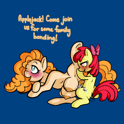 Size: 1000x1000 | Tagged: explicit, artist:vodkamewtwoni, apple bloom, age difference, anatomically correct, applecest, big crotchboobs, blue background, blushing, commission, crotchboobs, dialogue, earth pony, female, filly, filly on mare, foal, foalcon, futa, futa apple bloom, futa filly, futa filly on mare, futa on female, g4, implied applejack, imported from derpibooru, incest, infidelity, intersex, mare, mother and child, mother and daughter, nipples, nudity, pear butter, penetration, pony, sex, ship:pearbloom, shipping, simple background, vaginal, vulva
