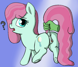 Size: 761x660 | Tagged: explicit, artist:heretichesh, anatomically correct, anus, bubblegum brush, butt, clitoris, confused, disembodied hand, dock, earth pony, emotes, female, female focus, filly, foal, foalcon, frog (hoof), frown, g4, grabbing, gradient background, hand, human, imported from derpibooru, long mane, long tail, nudity, plot, ponut, pony, presenting, solo focus, tail lift, underhoof, vagina, vulva, vulvar winking