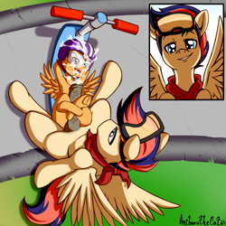 Size: 1875x1875 | Tagged: explicit, artist:anibaruthecat, scootaloo, oc, oc:zephyr leaf, age difference, arm behind head, aviator goggles, bandana, big dom small sub, canon x oc, clothes, commission, concrete, cum, cum in mouth, cum on goggles, cumming, digital art, facial, female, filly, foal, foalcon, frog (hoof), g4, goggles, goggles on head, grass, helmet, high angle, hoofjob, hooves, hooves up, horsecock, imported from derpibooru, lying down, male, nudity, on back, open mouth, pegasus, pegasus oc, penis, pony, safety goggles, scooter, sex, smug, spread wings, stallion, stallion on filly, straight, underhoof, wings