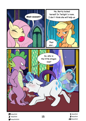 Size: 2598x3626 | Tagged: explicit, artist:amaichix, applejack, fluttershy, rarity, spike, comic:lust in a glass, anal insertion, anus, ballgag, blowjob, blushing, comic, dialogue, dildo, double penetration, dragon, earth pony, eyes closed, female, foalcon, g4, gag, high res, imported from derpibooru, insertion, magic, magic aura, male, mare, muffled words, multiple penetration, nudity, oral, pegasus, penetration, penis, pony, sex, sex toy, ship:sparity, shipping, straight, unicorn, vagina, vaginal insertion, winged spike, wings