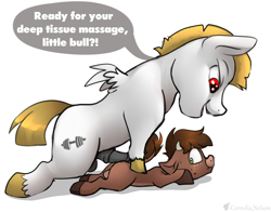 Size: 2665x2091 | Tagged: explicit, artist:cornelia_nelson, oc, oc:bishop, bovine, bulk biceps, bull, calf, community related, domination, english, foalcon, g4, gay, high res, imported from derpibooru, male, nudity, penis, pinned down, text, them's fightin' herds, them's fightin' herds oc