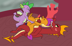 Size: 6563x4209 | Tagged: explicit, semi-grimdark, artist:aaron amethyst, spike, brother, brother and sister, chokehold, double penetration, double vaginal, dragon, dragoncest, dubious consent, female, foalcon, g4, garble, group sex, imported from derpibooru, incest, lava, male, mmf threesome, multiple penetration, multiple vaginal, nudity, penetration, penis, rough sex, sex, ship:smolble, ship:spolder, shipping, siblings, sister, smolder, straight, threesome, vaginal, winged spike, wings