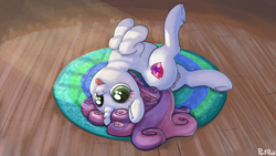 Size: 4800x2700 | Tagged: explicit, artist:ponypeon, sweetie belle, anus, behaving like a cat, carpet, cute, cute porn, cutie mark, edit, female, filly, foal, foalcon, g4, imported from derpibooru, looking at you, nudity, ponut, pony, solo, solo female, the cmc's cutie marks, tongue out, underhoof, unicorn, vaginal secretions, vulva