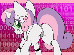 Size: 2048x1536 | Tagged: explicit, artist:steelsoul, sweetie belle, :t, alternate version, anus, butt, dock, female, foalcon, g4, imported from derpibooru, looking at you, looking back, looking back at you, nudity, plot, ponut, pony, robot, robot pony, sweetie bot, vulva