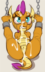 Size: 586x922 | Tagged: explicit, grimdark, artist:marsminer, angry, ankle cuffs, arm behind back, ass, bondage, bukkake, butt, creampie, crying, cuffs, cum, dragon, female, foalcon, g4, gritted teeth, implied abuse, imported from derpibooru, nudity, rape, sex, shackles, smolder, smolderriere, solo, solo female, vulva