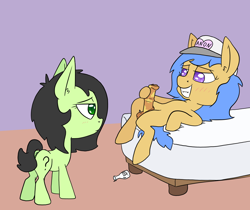 Size: 1188x1000 | Tagged: explicit, artist:happy harvey, oc, oc:filly anon, oc:little league, anus, balls, bed, blushing, bottle, butt, colored pupils, earth pony, fangs, female, female to futa, filly, foal, foalcon, futa, futa oc, futa potion, grin, hat, horsecock, imported from derpibooru, intersex, it ain't gonna suck itself, looking at each other, nudity, oc only, on bed, penis, phone drawing, plot, pony, potion, smiling, transformation, transgender transformation, vulva