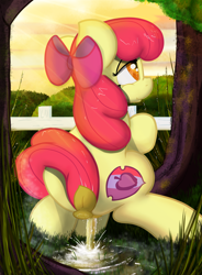 Size: 1592x2160 | Tagged: explicit, artist:not_texmex, apple bloom, alternate version, anatomically correct, apple bloom's bow, bow, bush, dark genitals, derpibooru exclusive, dock, earth pony, female, fence, fetish, foalcon, g4, grass, hair bow, imported from derpibooru, nudity, outdoors, pissing, pony, solo, solo female, squatting, urine, using the bathroom in the woods, vulva, watersports