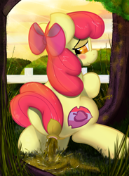 Size: 1592x2160 | Tagged: explicit, grotesque, artist:not_texmex, apple bloom, anatomically correct, apple bloom's bow, bow, bush, dark genitals, derpibooru exclusive, diarrhea, dock, earth pony, explosive diarrhea, female, fence, fetish, foalcon, g4, grass, hair bow, imported from derpibooru, nudity, outdoors, pony, poop, pooping, scat, solo, solo female, squatting, using the bathroom in the woods, vulva