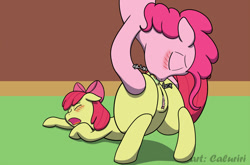 Size: 1280x844 | Tagged: explicit, artist:caluriri, apple bloom, pinkie pie, age difference, analingus, analingus on female, bloom butt, butt, earth pony, female, female on female analingus, filly, foal, foalcon, g4, imported from derpibooru, lesbian, mare, mare on filly, nudity, oral, penetration, plot, pony, sex, ship:pinkiebloom, vaginal secretions, vulva
