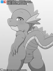 Size: 960x1280 | Tagged: explicit, artist:winick-lim, spike, anus, black and white, butt, cute, cute porn, dragon, foalcon, g4, grayscale, imported from derpibooru, looking at you, male, monochrome, nudity, patreon, patreon logo, solo, solo male, spikabetes, stupid sexy spike, website
