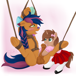 Size: 3000x3000 | Tagged: explicit, artist:puggie, oc, oc:heroic armour, oc:solar comet, age difference, balls, band-aid, band-aid on nose, blowjob, blushing, bondage, bow, clothes, colt, colt on stallion, crossdressing, disguise, disguised changedling, dress, edging, eyelashes, foal, foalcon, frog (hoof), gay, high res, horsecock, imported from derpibooru, licking, licking cock, male, nudity, open mouth, oral, pegasus, penis, pony, reverse foalcon, rope, rope bondage, sex, socks, stallion, suspended, suspension bondage, tongue out, trap, underhoof, unicorn