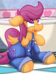 Size: 1633x2160 | Tagged: explicit, artist:not_texmex, scootaloo, alternate version, bathroom, bathtub, clothes, derpibooru exclusive, drool, female, foalcon, g4, heart, imported from derpibooru, masturbation, overalls, pegasus, pony, solo, solo female, spread wings, tongue out, wingboner, wings