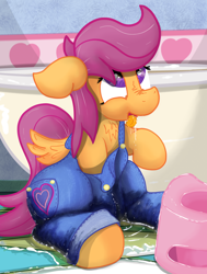 Size: 1633x2160 | Tagged: explicit, artist:not_texmex, scootaloo, alternate version, bathroom, bathtub, clothes, derpibooru exclusive, drool, female, fetish, foalcon, g4, heart, imported from derpibooru, masturbation, overalls, pissing, pony, potty, solo, solo female, tongue out, training potty, urine, urine soaked cloth, watersports