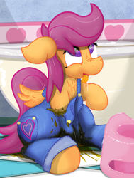 Size: 1633x2160 | Tagged: explicit, grotesque, artist:not_texmex, scootaloo, bathroom, bathtub, clothes, derpibooru exclusive, drool, female, fetish, foalcon, g4, heart, imported from derpibooru, masturbation, messing, overalls, panties, pantypoop, pony, poop, pooping, potty, scat, solo, solo female, tongue out, training potty, underwear
