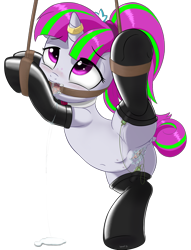 Size: 2680x3508 | Tagged: explicit, artist:salemcat, oc, oc:zippi, anus, bdsm, bondage, clitoris, clothes, crotchboobs, drool, female, filly, flexible, foal, foalcon, gag, high res, horn, horn ring, imported from derpibooru, latex, latex socks, magic suppression, nipples, nudity, oc only, pony, predicament bondage, prolonged stimulation, ring, ring gag, sex toy, simple background, socks, solo, solo female, transparent background, unicorn, vagina, vaginal secretions, vibrator, vulva