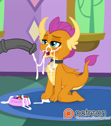 Size: 1500x1697 | Tagged: explicit, artist:smudge proof, blushing, breasts, collar, color edit, colored, cum, cum in container, cum on body, cum on breasts, disembodied penis, dragon, dragoness, edit, facial, female, femsub, foalcon, g4, imported from derpibooru, kneeling, male, maledom, nipple piercing, nipples, nudity, patreon, patreon logo, patreon reward, penis, pet bowl, pet play, pet tag, piercing, smolder, submissive, tongue out