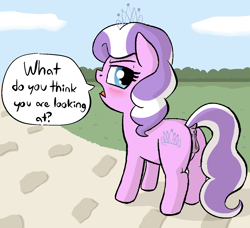 Size: 1243x1132 | Tagged: explicit, artist:heretichesh, diamond tiara, anus, blushing, butt, dialogue, dock, earth pony, female, filly, foal, foalcon, g4, imported from derpibooru, jewelry, looking back, nudity, plot, pony, solo, solo female, text, tiara, upset, vagina, vulva